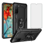Phone Case for Samsung Galaxy S21 Plus/S30 Plus with Tempered Glass Screen Protector Stand Ring Holder Accessories Heavy Duty Rugged Protective Shockproof Bumper S21Plus S21+ 2020 Girls Boys Black