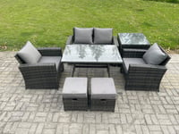 6 Seater Outdoor Garden Furniture High Back Rattan Sofa Dining Table Set with SideTable 2 Small Footstools