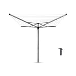 Brabantia 50m Essential Rotary Washing Line (Metallic Grey) Collapsible Umbrella System, 4 Arm Outdoor Clothes Dryer + 35mm Plastic Ground Tube