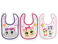 LULABI 44 GATTI GIRL - Lot de 3 bavoirs pour bébé, 100% coton doux avec impression 44 chats, paquet de bavoirs, velcro, hypoallergénique, réutilisable, unisexe, 19 x 17 cm - Multicolore