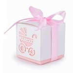 50 PCS Baby Shower Favour Boxes Pink - Cute ' Baby Stroller ' Design Bomboniere Favors Box with Ribbon - Chocolate Candy Sweet Gift favor Box for Baptism, Newborn Party Supplies, Birth, Christening
