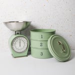 English Sage Green Kitchenware Set with Three Tier Cake Tin and Mechanical Scale