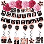 21st Birthday Decorations for her - (21pack) Cheers to 21 Years Rose Gold Glitter Banner for Women, 6 Paper Poms, 6 Hanging Swirl, 7 Decorations Stickers. 21 Years Old Party Supplies Gifts for her