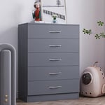 Songtree Chest of Drawers 3/4/5 Drawer with Metal Handles and Runners Bedside Table Cabinet Storage for Bedroom Living Room Furniture (5 Drawer, Gray)
