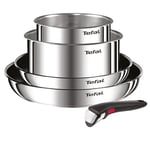 Tefal Ingenio L897S504 Set of 2 Frying Pans 2 Saucepans and Removable Handle, Induction, Stainless Steel, Stackable, Non-Stick Coating, Dishwasher Safe, 5 Year Warranty, Emotion L897S504