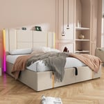 Sängbox säng 140x200 cm klädd i linnetyg - med LED och laddningsfunktion - med lamellram - Beige