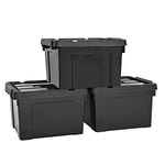 HOHAOO Boîtes de rangement, lot de 3 boîtes de rangement empilables 40L en plastique noir emboîtable avec couvercles et clip de boîte verrouillé pour étagères et garage