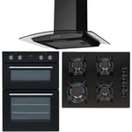 SIA 60cm Black Built In Double Oven, 4 Burner Gas Hob & Curved Glass Hood Fan
