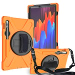 YGoal Case For Galaxy Tab S7 Plus, [Hand Strap] [Shoulder Strap] Heavy Duty Full-Body Rugged Protective Drop Proof Case with 360 Rotating Stand for Samsung Galaxy Tab S7 Plus T970 12.4 Inch, Orange