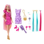 Barbie Fun & Fancy Hair Poupée avec Cheveux blonds colorés Extra-Longs et Robe Rose Brillante Ainsi Que 10 Accessoires de Mode et de Coiffure, JDC85