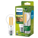 Philips Ultra Efficient - Ultra Energy Saving Lights, LED Light Source, 60W, E27, A60, Clear Glass, Warm White Light, 2700 Kelvin, dimmable