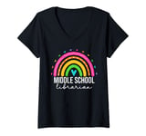 Womens Middle School Librarian For Women Teacher Rainbow Library V-Neck T-Shirt