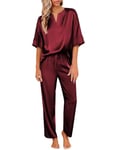 Ekouaer Satin Pyjama Femme Pyjama Set Femme Soie Nuit Pjs Sets Sleepwear,Vin Rouge,L
