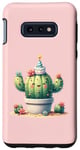 Coque pour Galaxy S10e Cactus rose souriant mignon avec fleurs et chapeau de fête