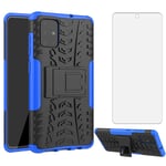Phone Case for Samsung Galaxy A71 with Tempered Glass Screen Protector Cover and Stand Kickstand Hard Rugged Hybrid Accessories Heavy Duty Rubber Shockproof SM-A715F 71A A 71 women mens Girls Blue