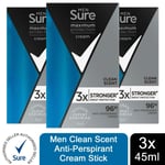 Sure Men Maximum Protection Clean Scent Anti-Perspirant Cream, 3 Pack, 45ml