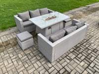 Garden Dining Sets Outdoor PE Rattan Furniture Gas Fire Pit Dining Table Gas Heater with 2 Small Footstool