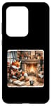 Galaxy S20 Ultra Fox Reads By Fireplace In Cabin. Rustic Book Cozy Cup Tea Case