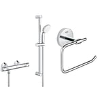 GROHE Precision Flow - Wall Mounted Thermostatic Mixer Shower Set, Chrome, 34841000 & BauCosmopolitan Toilet Paper Holder, Suitable for Gluing, Chrome, 40457001