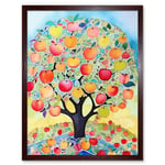 Apple Tree Fruit Harvest Day Folk Art Bright Watercolour Painting Art Print Framed Poster Wall Decor 12x16 inch