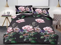 4 Piece Complete Bedding Set 3D Printed Duvet Quilt Cover With Pillowcase Floral Design (327 Pink Black, King)