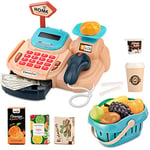 Sotodik 26PCS Smart Cash Register Pretend Play Supermarket Shop ToysWith Calculator ,Working Scanner,Credit Card ,Play Food ,Money and more (Yellow)