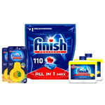 Finish Dishwasher Cleaner Lemon 250ml x2, Lemon and Lime Dishwasher Freshener x2 and All in One Dishwasher Tablets 110