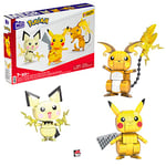 MEGA Pokémon Action Figures Toy Building Set, 4 Inch Pikachu, Raichu and Pichu Build n Show Pikachu Evolution Trio with Poke Ball Pin