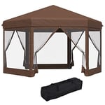 Outsunny 3m x 3.5m Hexagonal Pop Up Gazebo, Canopy Tent Sun Shelter for Patio Outdoor Party, Height Adjustable, with Mosquito Netting and Carry Bag - Brown