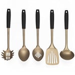 Russell Hobbs RH02170BEU Opulence 5 Piece Kitchen Utensil Set, Non-Stick Cooking Spoons & Soft-Touch Handles, Includes Solid and Slotted Spoon, Spaghetti Spoon, Slotted Spatula and Ladle, Black/Gold
