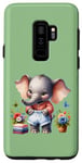 Coque pour Galaxy S9+ Bébé éléphant vert en tenue, fleurs et papillons