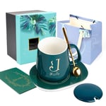UHAPEER Ceramic Coffee Mug Cup w/ Warmer, Letter J Alphabet Porcelain Cup Mugs w/ Lid Spoon, Gift Box, Greeting Card, Auto Shutoff Mug Warmer, Birthday Anniversary Valentines Gifts, Mother's Day Gift