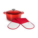 LE CREUSET Signature Enamelled Cast Iron Round Casserole Dish With Lid, 24 cm, 4.2 Litre, Cerise, 211772406 + Le Creuset 4-Layered Textile Double Oven Gloves, Stain Resistant, Red