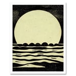 Retro Moonrise Over Sea Black And White Linocut Illustration Art Print Framed Poster Wall Decor 12x16 inch