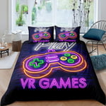 Kids Video Games Duvet Cover Set Games Comforter Cover Double Gamepad Bedding Set for Boys,Modern VR Gamer Console Action Buttons Quilt Cover Fashion Teens Decor 3 Pcs Purple Gift Soft