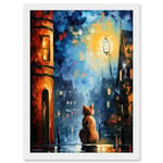 Artery8 A Street Cat Named Desire Palette Knife Oil Painting Ginger Cat Village Night Artwork Framed A3 Wall Art Print