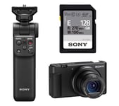 SONY ZV-1 High Performance Compact Vlogging Camera, GP-VPT2BT Shooting Grip & SD Card Bundle, Black