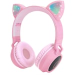 Usoun Kids Bluetooth Headphones, Cat Ear LED Light Child Wireless Headphones with Microphone, FM Radio/TF Card, Foldable Bluetooth Stereo Over-Ear kids Headsets for Boys Girls Adults (pink)