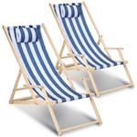 Chaise longue pliante en bois Chaise de plage 3 positions Chilienne transat jardin exterieur Bleu blanc Avec mains courantes 2 pièces