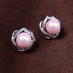 SHUX Earrings S925 Silver Needle Earrings Female Pearl Earrings Round Diamond Earrings Jewelry-White Gold Pink Beads