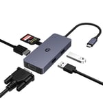 Adaptateur USB C 6 en 1, HUB USB C, HUB Double Moniteur HDMI VGA Comprenant HDMI, VGA, USB A, USB 2.0, Lecteur de Carte SD/TF Compatible avec Ordinateurs Portables et Plus Encore