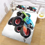 Single Duvet Cover Sets Soft Comfortable Lightweight Breathable Bedding Set Cartoon Monster Truck for Kids Boys Girl Microfibre Three Piece 2 Pillowcases with Zipper Closure(135X200cm)