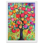 Apple Tree Folk Art Bright Watercolour Painting Artwork Framed Wall Art Print A4