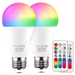 ProPOW LED Colour Changing Light Bulb with Remote,E27 10W RGB Light Bulbs Bayonet 75 Watt Equivalent A60 LED Colour Bulb with Timing, Memory, RGB+Soft White,Dimmable (2-Pack)[Energy Class A++]