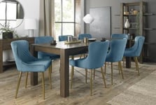Bentley Designs Turin Dark Oak 6-10 Seater Extending Dining Table with 8 Cezanne Petrol Blue Velvet Chairs - Gold Legs