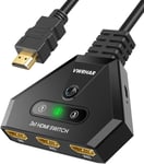 Switch Hdmi,Multiprise Hdmi Switch 4K 3 Entrée 1 Sorties Multi Hdmi Avec Câble Haute Vitesse,Commutateur Hdcp 2.2 Uhd/3D/4K Pour Tv Fire Stick,Ps5,Sky Box,X Box,Games Consoles,Dvd,Pc,Roku Etc