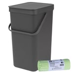 Brabantia Sort & Go Recycling Bin – 16Litre & 25x Compostable Bags – Grey