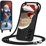 CaseLover Coque avec Cordon pour Samsung Galaxy S21 5G, Noël Coque de Cellulaire Corde Silicone Étui en Motif Père Noël avec Réglable Collier Téléphone Chaîne Lanyard Housse pour Samsung S21 5G, Noir
