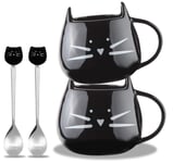 2 Pack Cat Coffee Mugs-Ceramic Cute Cat Coffee Mugs and Cat Spoons Set for Women Wife Mum Girl Teacher Friends Birthday Mothers Valentines Day (Black)