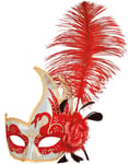 RÖD Venetiansk Colombina-Mask - Delvis Transparent med Röd/Guldfärgad Dekor och Utsmyckning